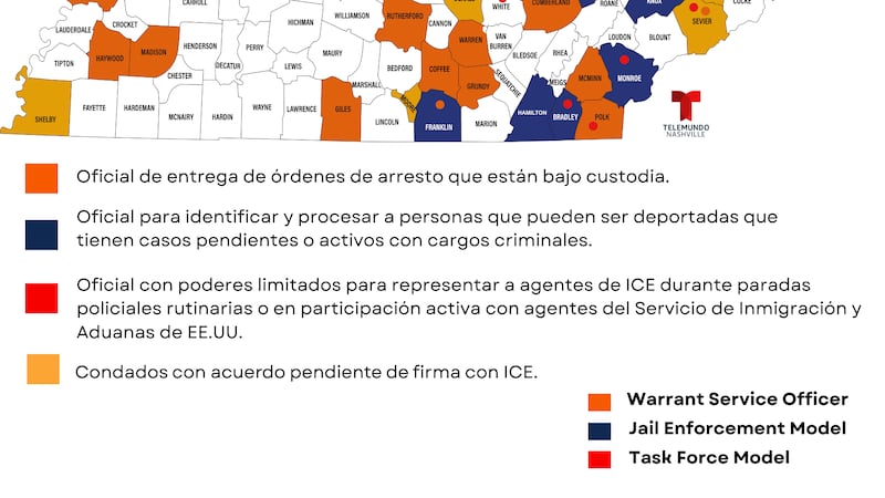 Mapa de Tennessee que refleja condados pariticipando en el programa 287(g) al 4 de noviembre...