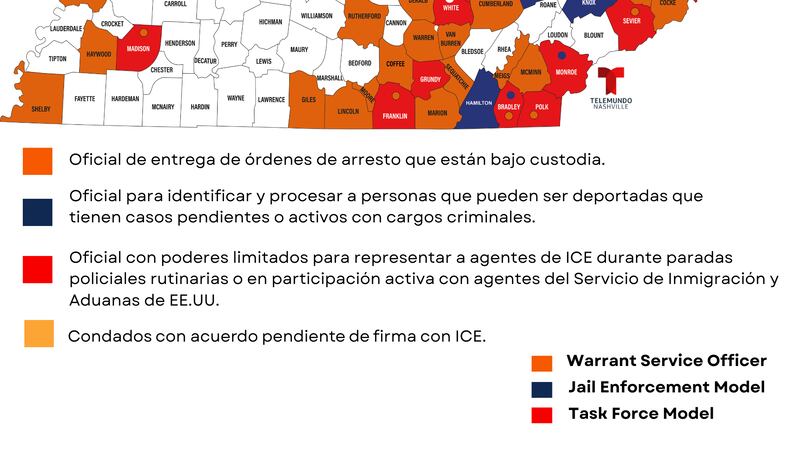 Condados trabajando con el programa 287(g) en Tennessee al 17 de enero del 2026.