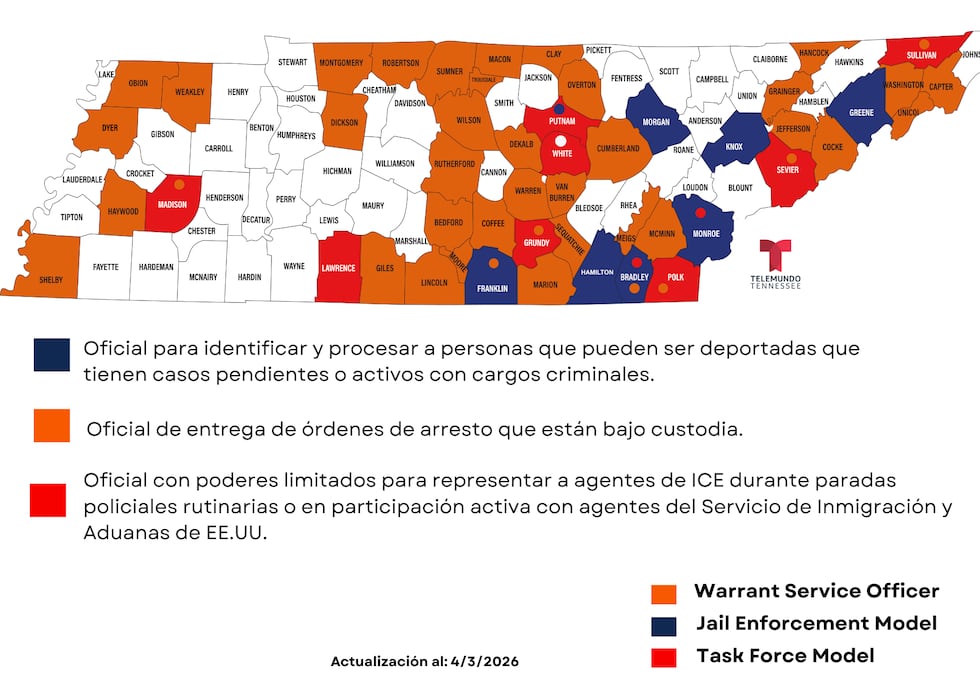 Condados de Tn con acuerdos 287(g) al 3 de abril del 2026.