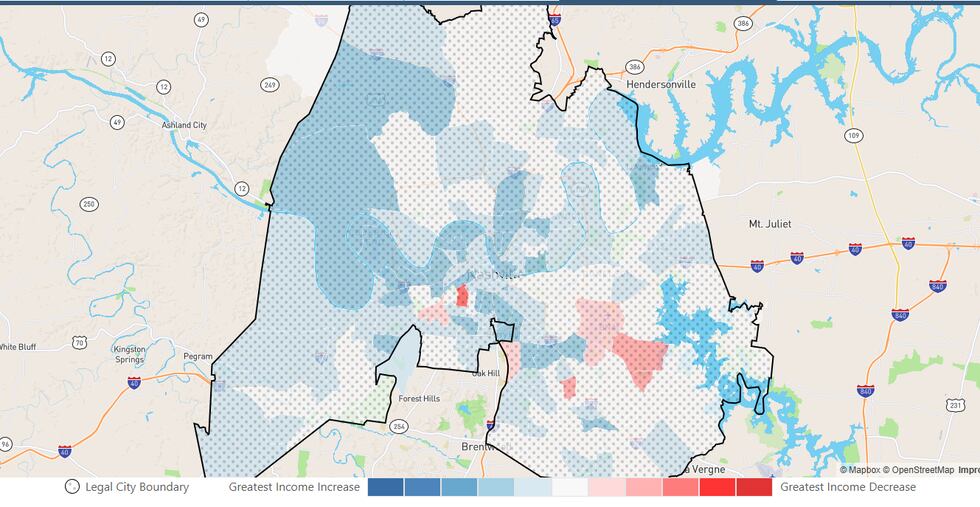 Un mapa elaborado por Neighborhood Scout muestra el crecimiento de los ingresos por área en...