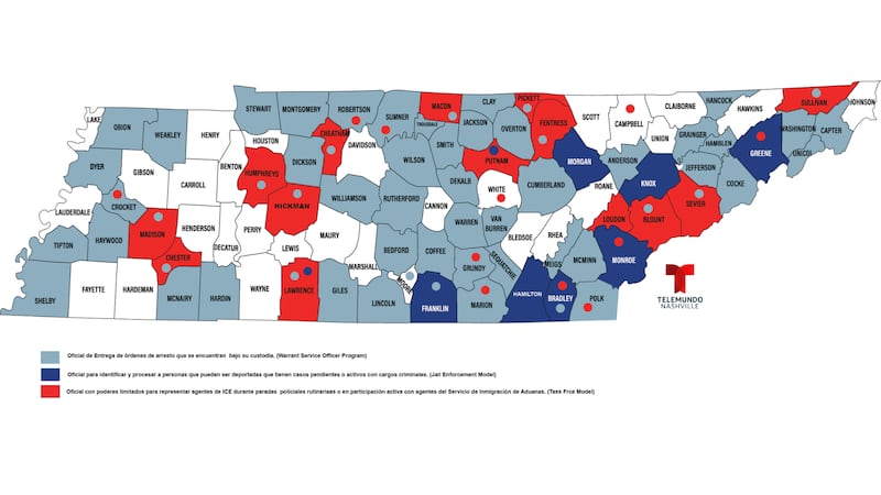 Condados en Tennessee operando bajo el modelo 287(g), según el sitio web de ICE al 1 de agosto...