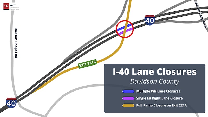 Lane closures on I-40 for bridge repairs in Nashville to occur this weekend