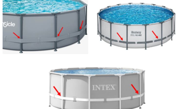 Here are examples of recalled above-ground pools with arrows showing the compression strap...