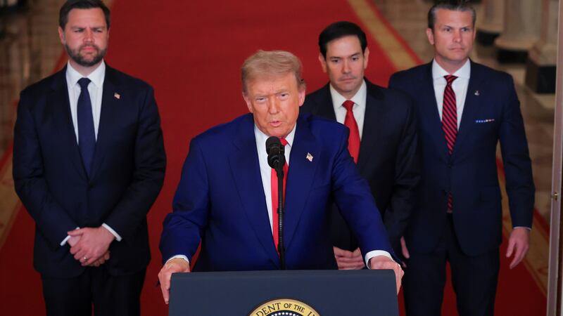 President Donald Trump speaks from the East Room of the White House in Washington, Saturday,...