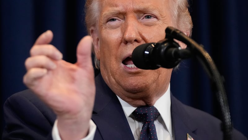 President Donald Trump speaks at a news conference, Monday, March 9, 2026, at Trump National...